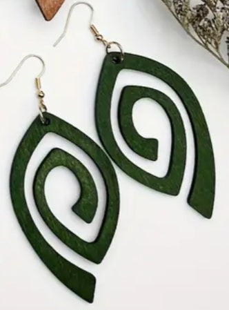 Fancy Swirl Design Forrest Green Lightweight Wooden Drop Dangle Earrings