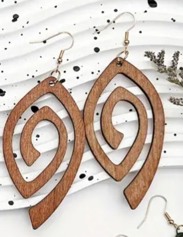 Fancy Swirl Design Brown Lightweight Wooden Drop Dangle Earrings