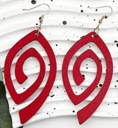 Fancy Swirl Design Red Lightweight Wooden Drop Dangle Earrings