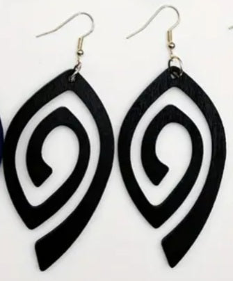 Fancy Swirl Design Black Lightweight Wooden Drop Dangle Earrings