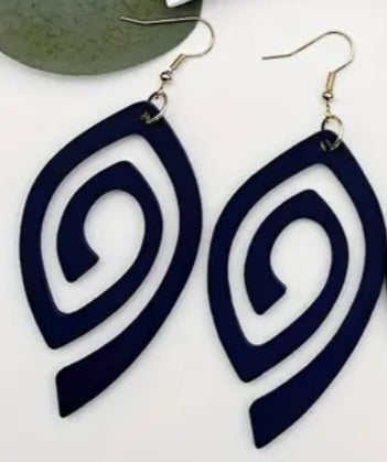 Fancy Swirl Design Dark Blue Lightweight Wooden Drop Dangle Earrings