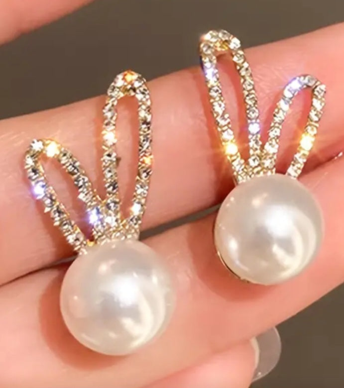 Easter Bling Faux Pearl Rhinestone Inlay Bunny Rabbit Stud Earrings