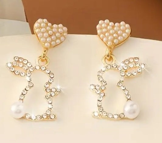 Easter Bling Heart Drop Faux Pearl Rhinestone Inlay Bunny Rabbit Dangle Earrings
