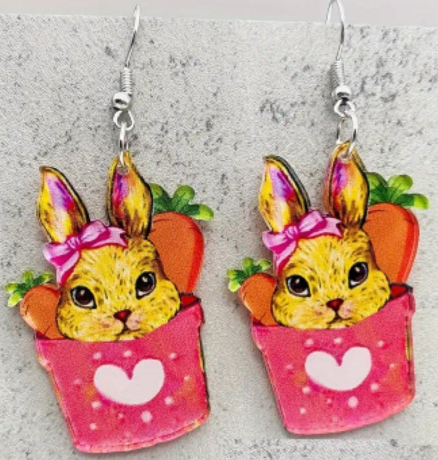 Acrylic Large Easter Spring Basket Bucket Bunny Rabbit Dangle Earrings