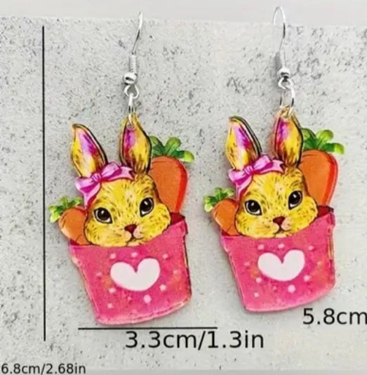 Acrylic Large Easter Spring Basket Bucket Bunny Rabbit Dangle Earrings