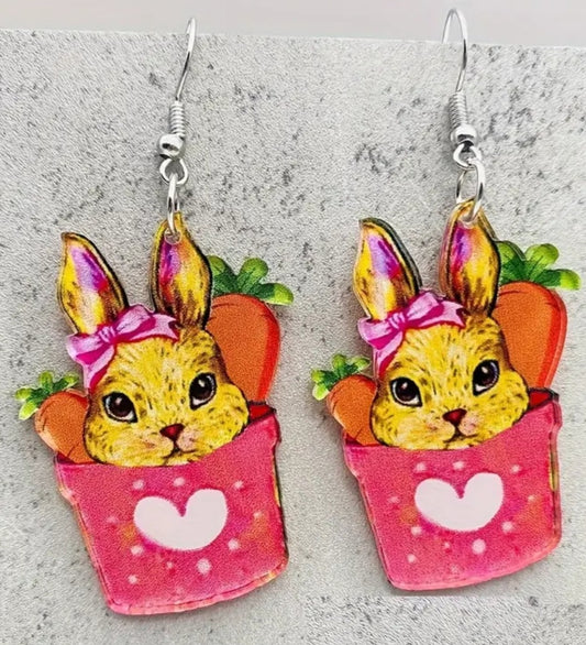 Acrylic Large Easter Spring Basket Bucket Bunny Rabbit Dangle Earrings
