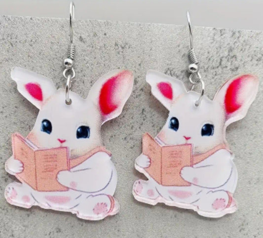 Acrylic Large Easter Spring Book Reading Bunny White Rabbit Dangle Earrings