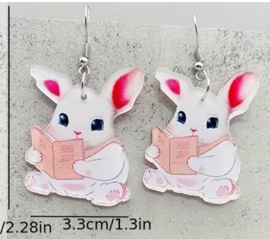 Acrylic Large Easter Spring Book Reading Bunny White Rabbit Dangle Earrings