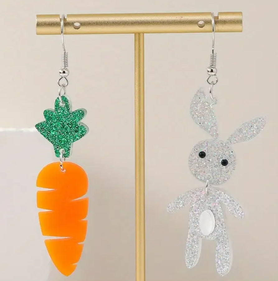 Acrylic Easter Bunny Rabbit Carrot Glitter Sparkle Mis-Match Drop Dangle Earrings