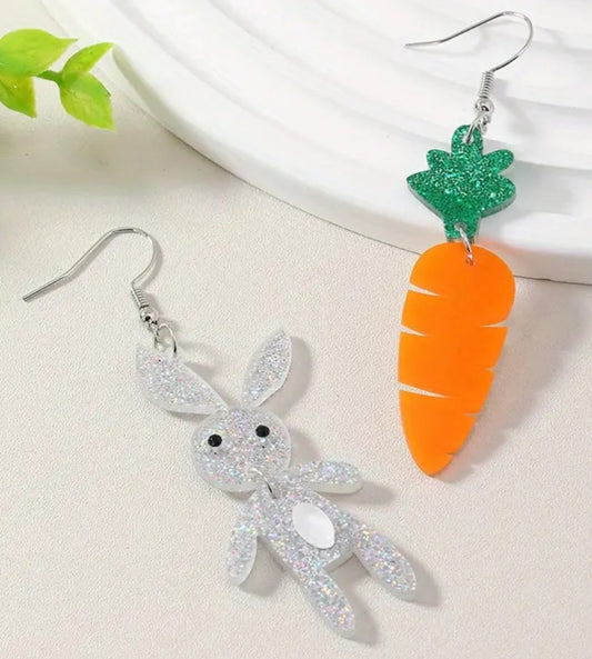 Acrylic Easter Bunny Rabbit Carrot Glitter Sparkle Mis-Match Drop Dangle Earrings