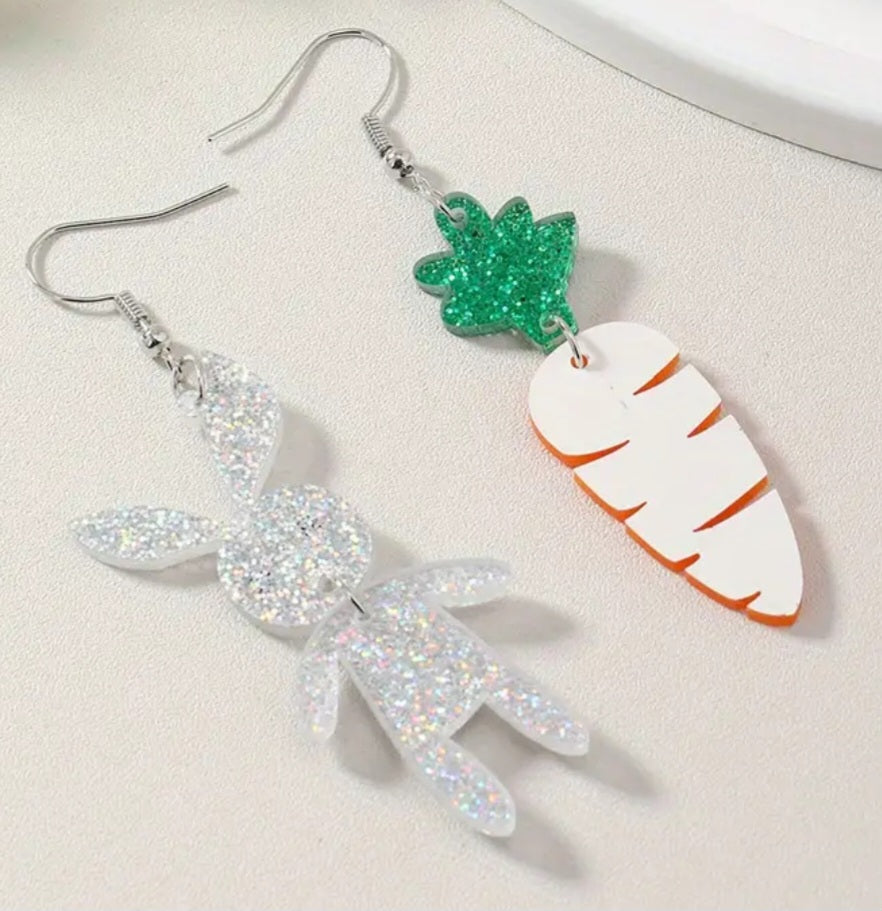 Acrylic Easter Bunny Rabbit Carrot Glitter Sparkle Mis-Match Drop Dangle Earrings