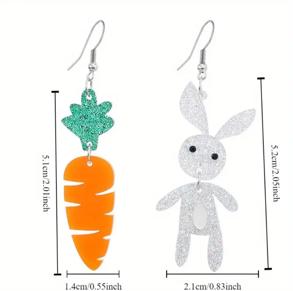 Acrylic Easter Bunny Rabbit Carrot Glitter Sparkle Mis-Match Drop Dangle Earrings
