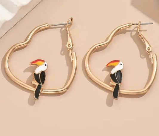 Gold Plated Enamel Bird Parrot Toucan  Heart Shaped Hoop Style Earrings