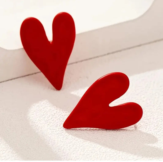 Heart Shaped Red Enamel Hammered Metal  Large Stud Earrings