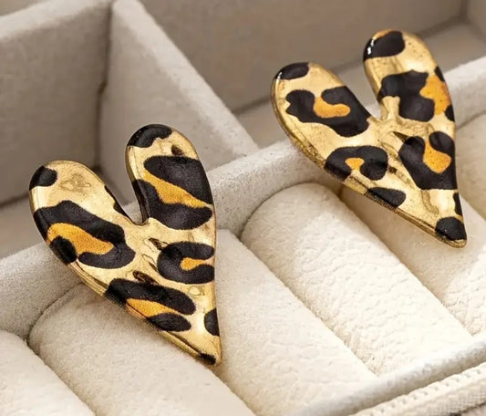 Heart Shaped Leopard Print Hammered Metal  Large Stud Earrings