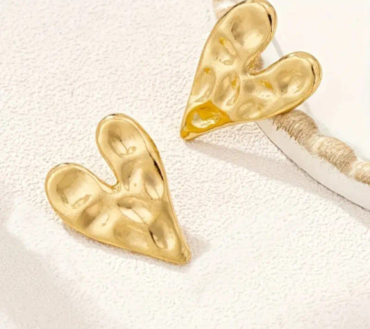 Heart Shaped Gold Tone Hammered Metal  Large Stud Earrings