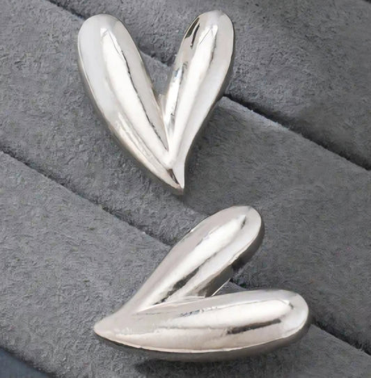 Heart Shaped Silver Tone Curved Metal  Large Stud Earrings