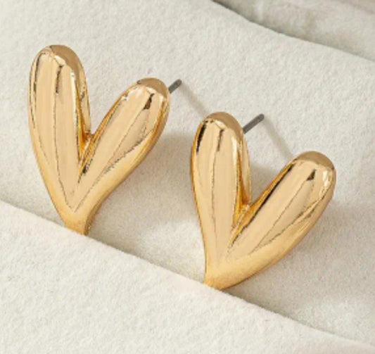 Heart Shaped Gold Tone Curved Metal Large Stud Earrings