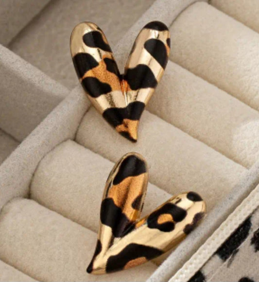Heart Shaped Leopard Print Enamel Curved Metal  Large Stud Earrings