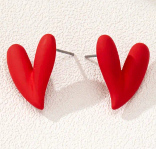 Heart Shaped Red Enamel Curved Metal  Large Stud Earrings