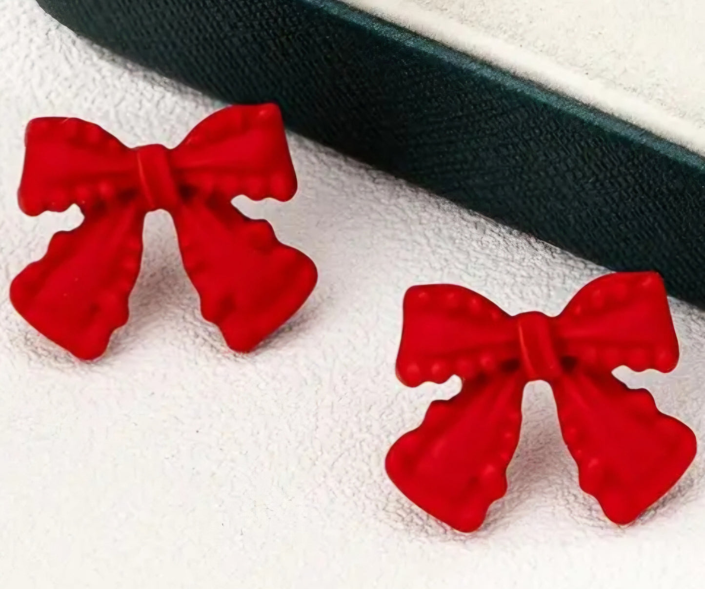 Bow Frill Edge Design Red Enamel Painted Metal Stud Earrings
