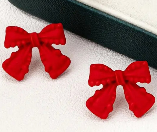 Bow Frill Edge Design Red Enamel Painted Metal Stud Earrings