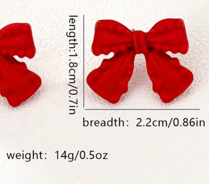 Bow Frill Edge Design Red Enamel Painted Metal Stud Earrings