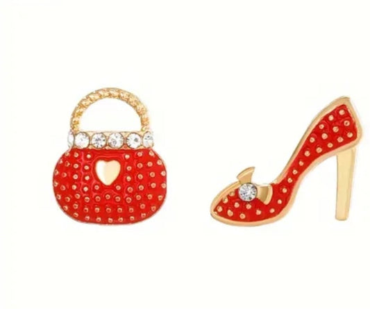 Bag Purse High Heel Shoe Design Red Enamel Rhinestone Mis-Match Small Stud Earrings