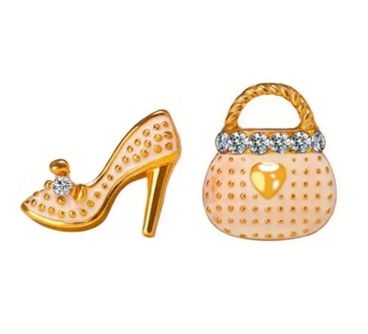 Bag Purse High Heel Shoe Design White Enamel Rhinestone Mis-Match Small Stud Earrings