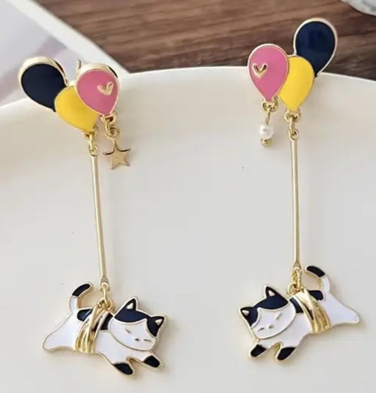 Cartoon Balloon Cat Kitty Drop Tied Rope Design Enamel Painted Metal Earrings