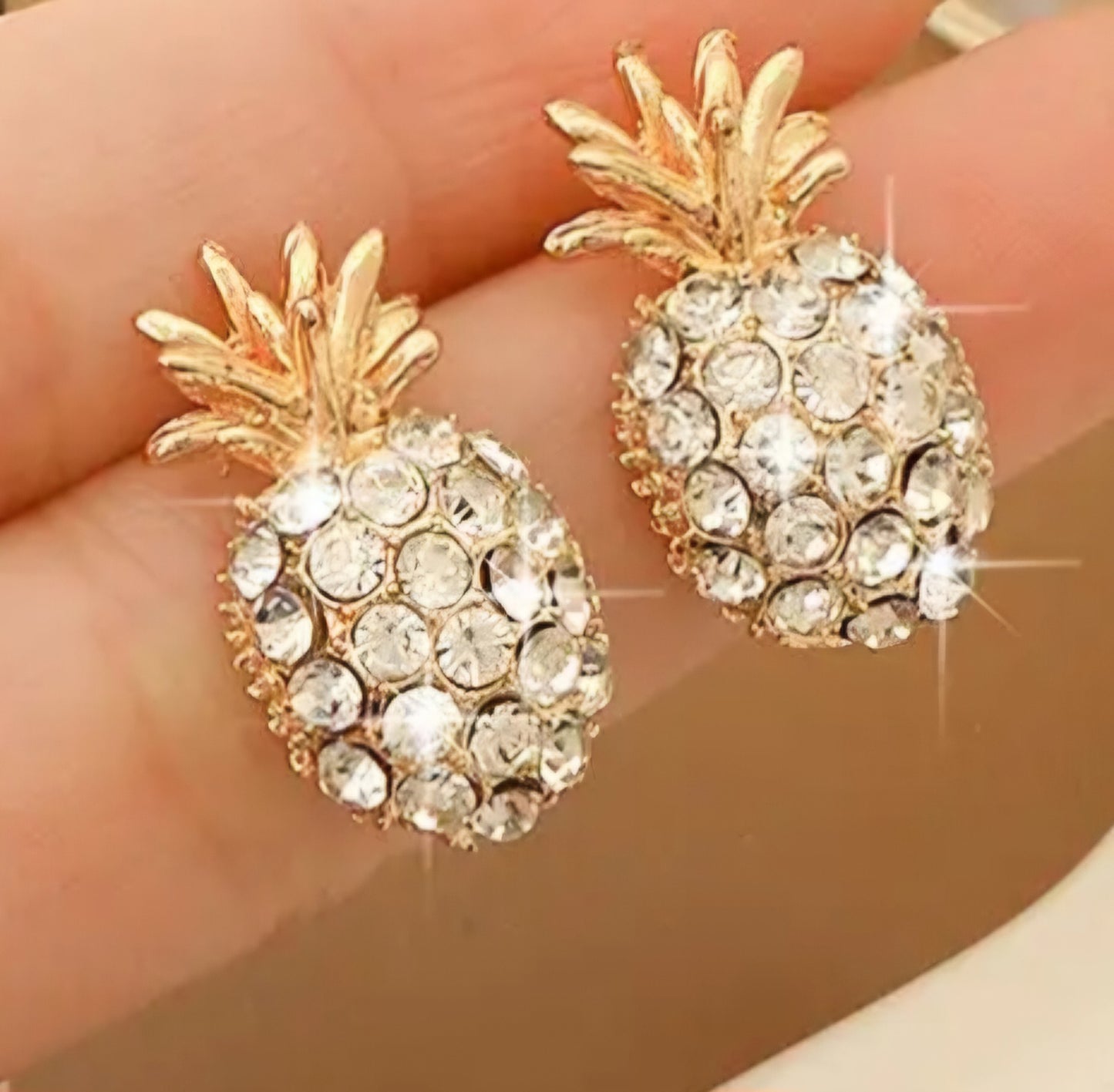 Gold Plated Rhinestone Encrusted Pineapple Design Stud Earrings