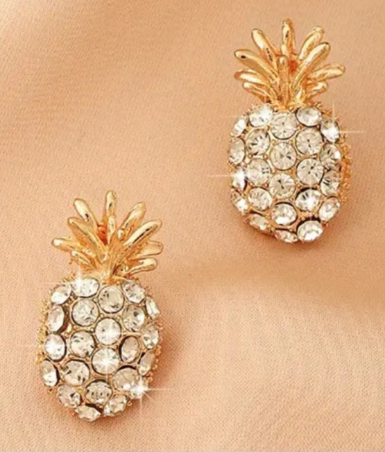 Gold Plated Rhinestone Encrusted Pineapple Design Stud Earrings
