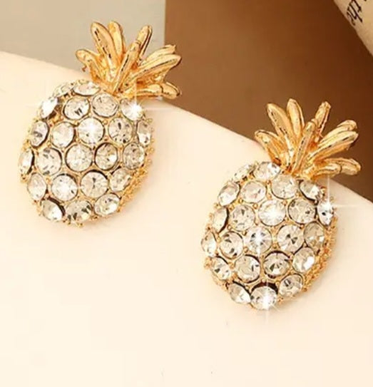 Gold Plated Rhinestone Encrusted Pineapple Design Stud Earrings