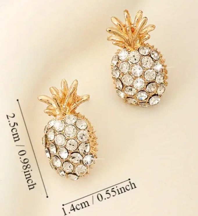 Gold Plated Rhinestone Encrusted Pineapple Design Stud Earrings