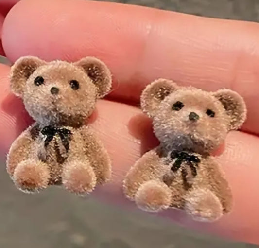 Flocked Plush Style Teddy Bear Brown Coffee Coloured  Small Stud Earrings