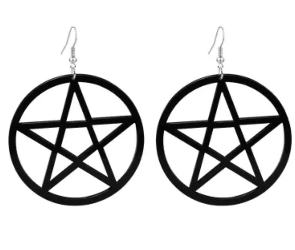 Acrylic Giant Extra Large Goth Witch Halloween Pentagram Star Circle Design Black Lightweight Dangle Earrings