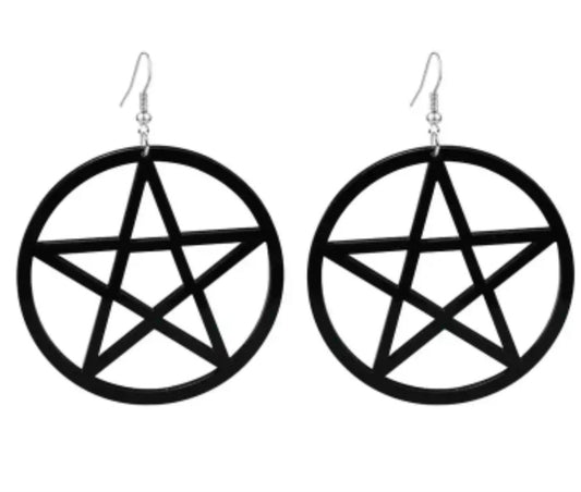 Acrylic Giant Extra Large Goth Witch Halloween Pentagram Star Circle Design Black Lightweight Dangle Earrings