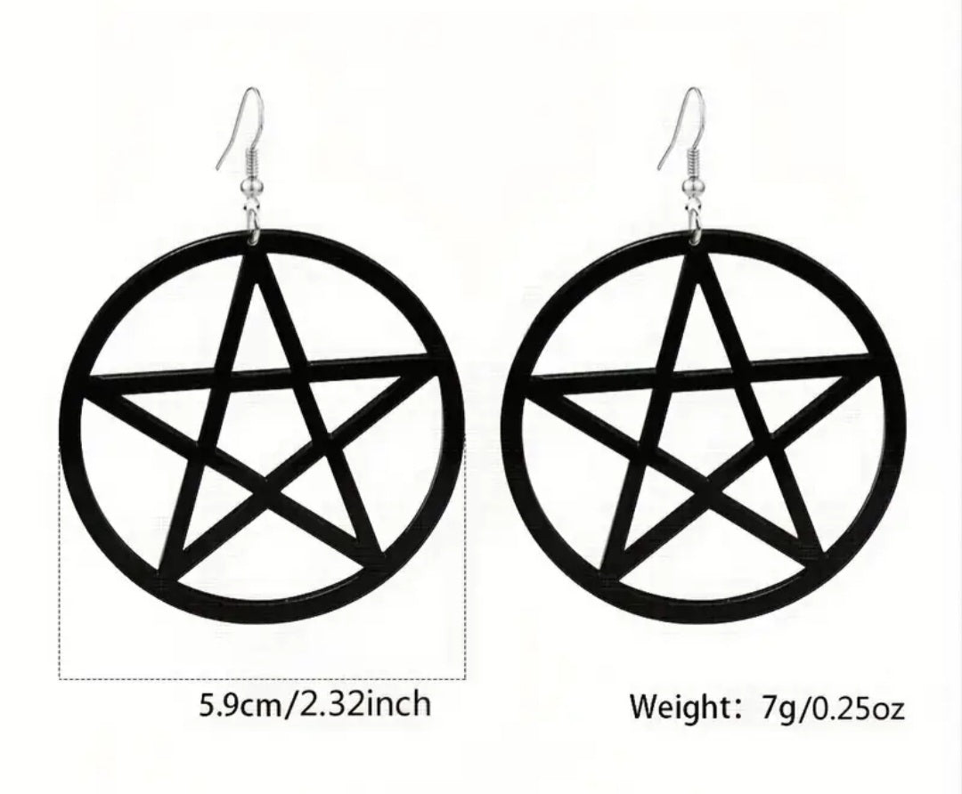 Acrylic Giant Extra Large Goth Witch Halloween Pentagram Star Circle Design Black Lightweight Dangle Earrings