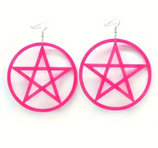 Acrylic Giant Extra Large Goth Witch Halloween Pentagram Star Circle Design Hot Pink Rose Red Lightweight Dangle Earrings