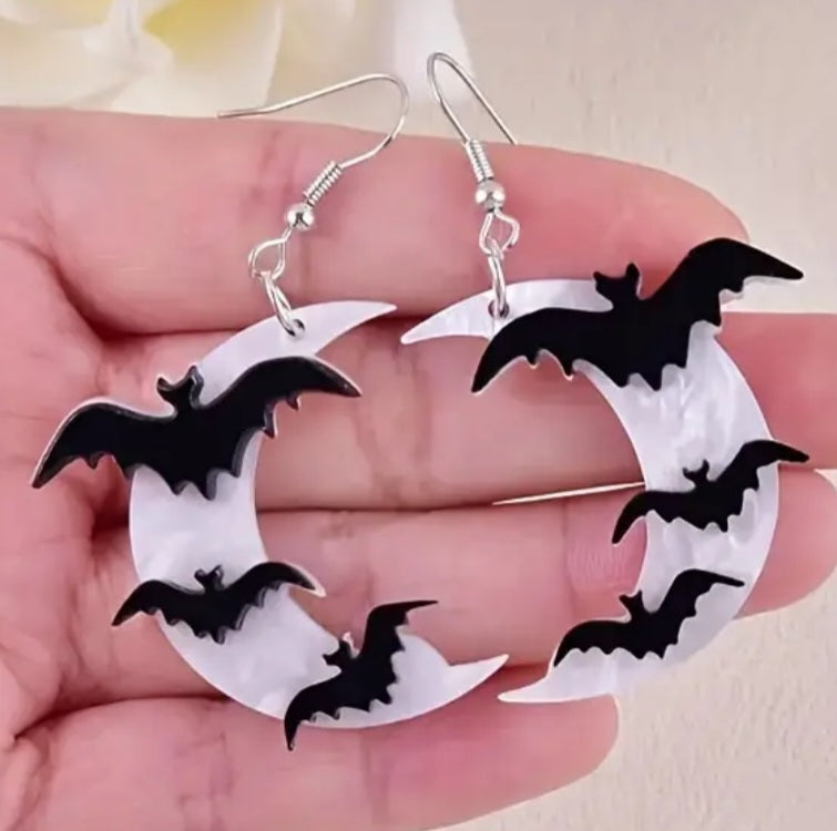 Acrylic Crescent Moon Bat Moon Stars Design Halloween Gothic Drop Dangle Earrings