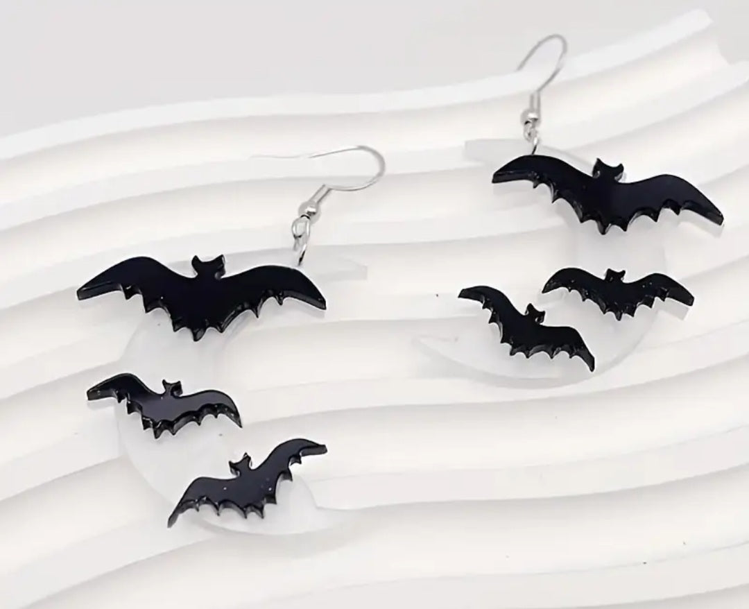 Acrylic Crescent Moon Bat Moon Stars Design Halloween Gothic Drop Dangle Earrings