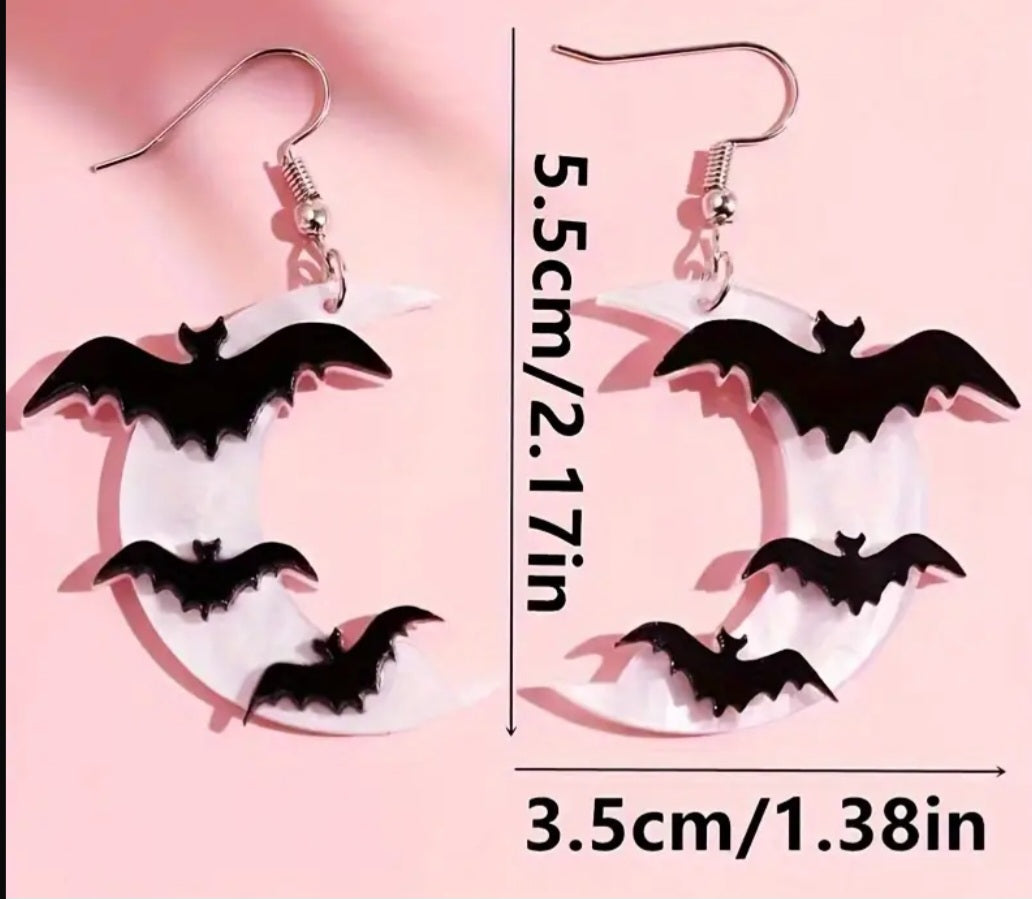 Acrylic Crescent Moon Bat Moon Stars Design Halloween Gothic Drop Dangle Earrings