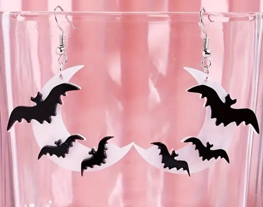 Acrylic Crescent Moon Bat Moon Stars Design Halloween Gothic Drop Dangle Earrings