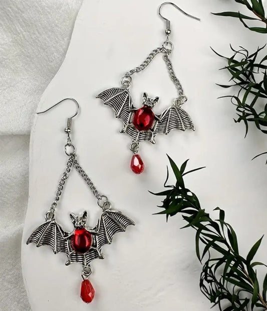 Chain Dangle Antique Silver Look Gothic Halloween Vampire Bat Wing Red Blood Drop Dangle Earrings