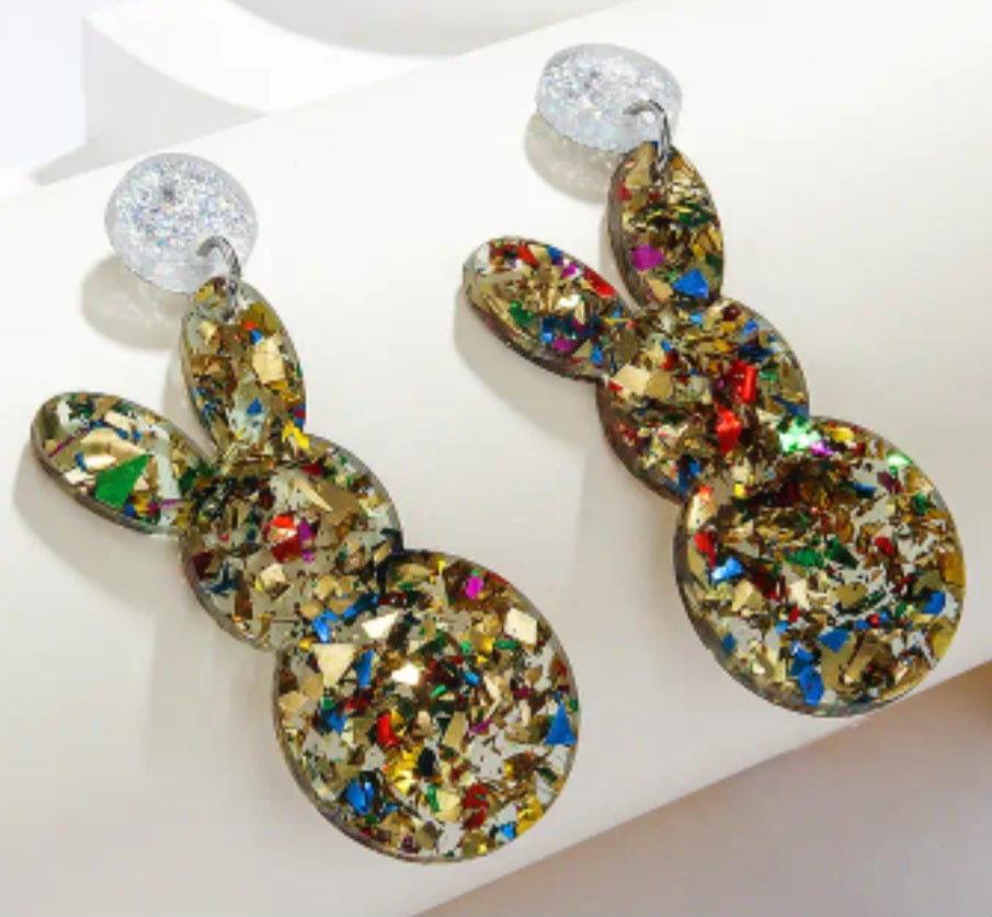 Acrylic Easter Bunny Rabbit Colourful Multi-Colour Glitter Sparkles Drop Dangle Earrings