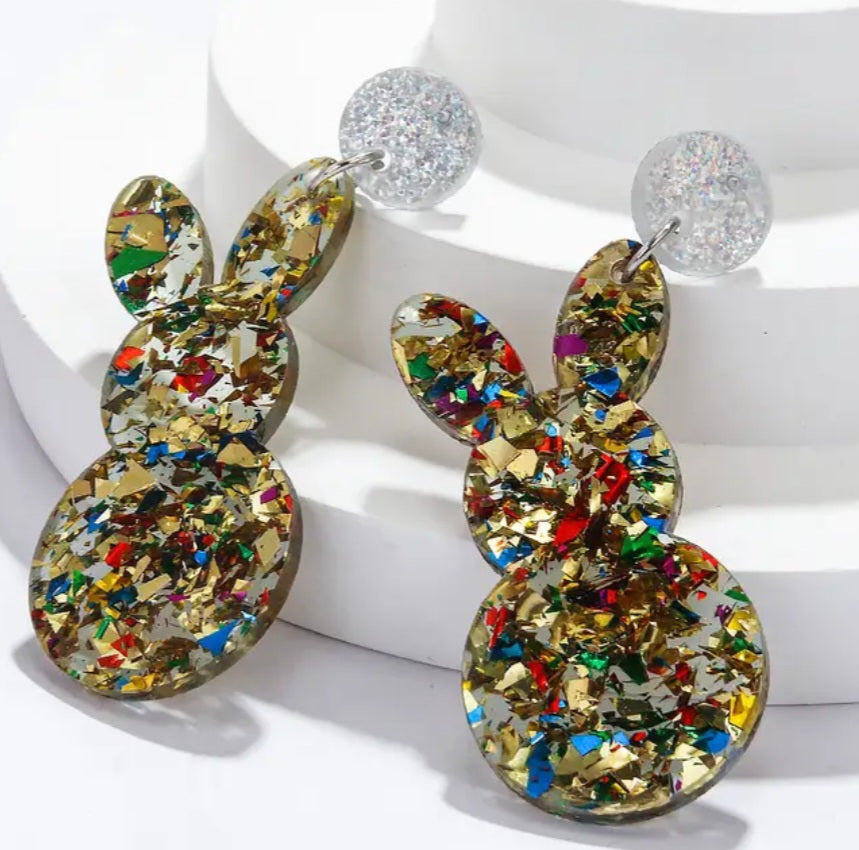 Acrylic Easter Bunny Rabbit Colourful Multi-Colour Glitter Sparkles Drop Dangle Earrings