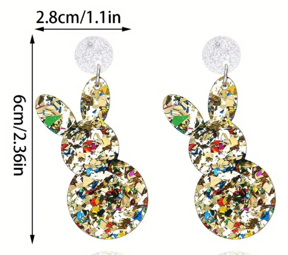 Acrylic Easter Bunny Rabbit Colourful Multi-Colour Glitter Sparkles Drop Dangle Earrings