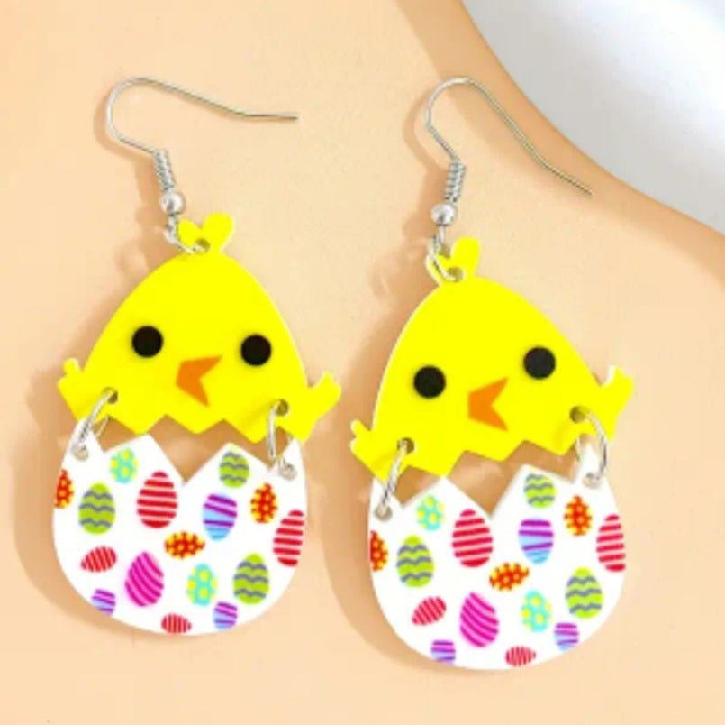 Acrylic Cartoon Chick Chicken Easter Egg 2 Part Design Drop Dangle Earrings