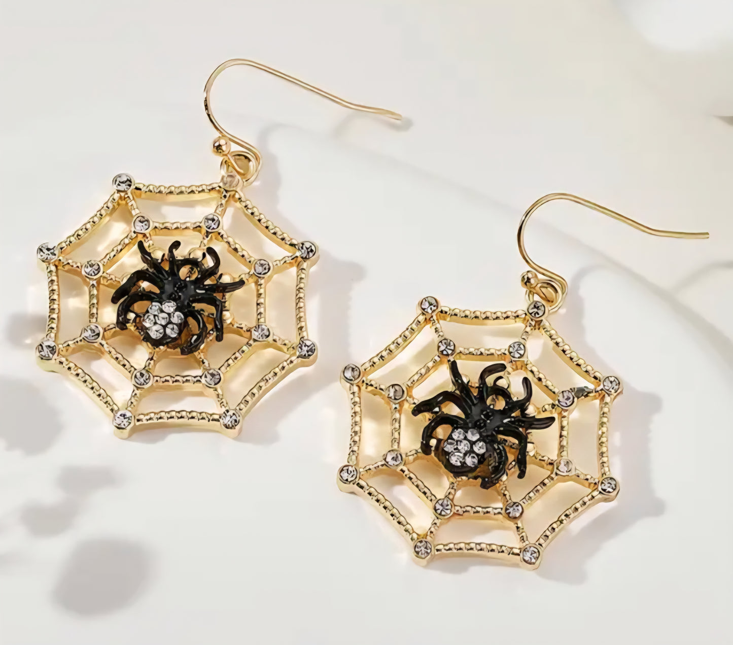 Gold Plated Rhinestone Inlay Spider On Web Gothic Punk Halloween Design Drop Dangle Earrings