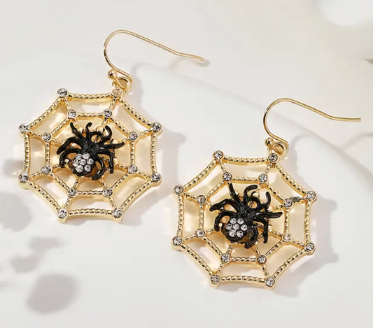 Gold Plated Rhinestone Inlay Spider On Web Gothic Punk Halloween Design Drop Dangle Earrings